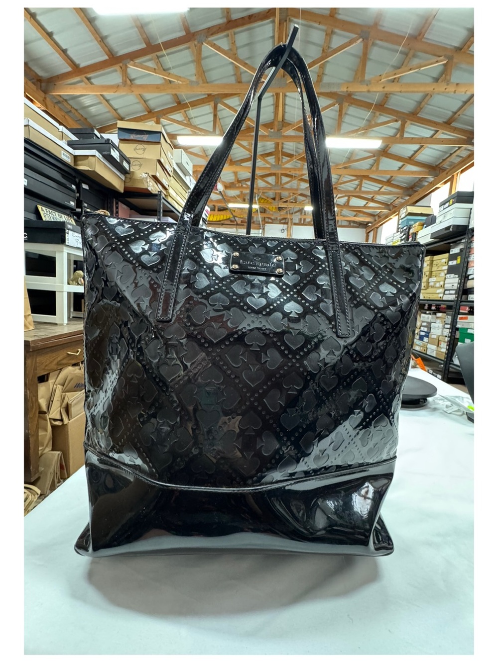 Kate Spade Black Patent Leather, Embossed spades, Tote Bag EUC - Picture 3 of 9